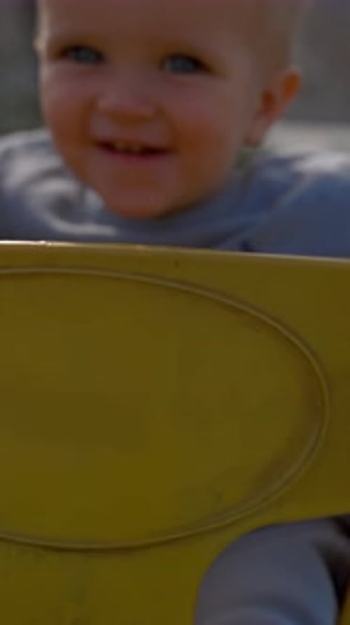 Vertical of Cheerful Boy Rides Swings at Playground for Children