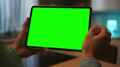 Closeup Male Hands in Casual Outfit Holding Digital Tablet in Hands Unrecognizable Person Using