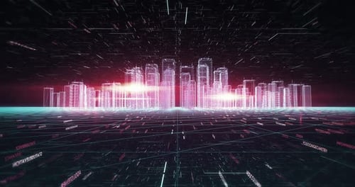 Ville numérique futuriste. Gratte-ciel et bâtiments numériques avec codes de vol et réseau
de particules