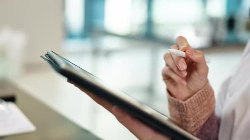 Science, education and hands of woman with tablet for notes, research or study at medical college