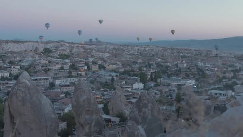 Morning over Göreme village Cappadocia. Establishing Shot