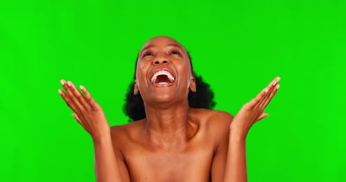Green screen face, beauty and black woman excited over cosmetics treatment