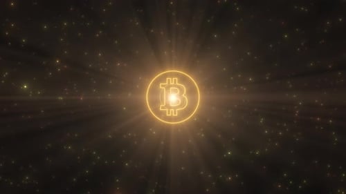 Tunnel mit leuchtendem Neonlichter-Tunnel in Form eines Bitcoin-Kryptowährungslogos, 4K