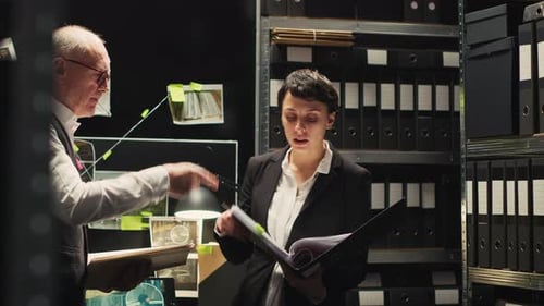 Woman Discussing Evidence With Man in Police Evidence Room