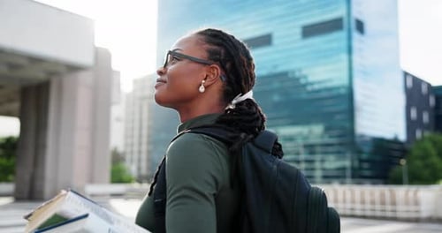 Thinking, student and woman with books, city or happy for opportunity with scholarship