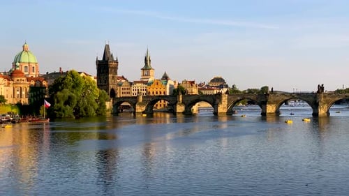 Scenic view of the Old Town pier architecture and Charles Bridge over Vltava river in Prague, Czech