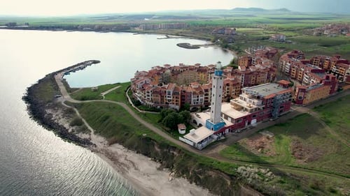Aerial view of lighthouse and coastline, Bulgaria.