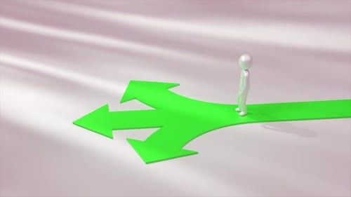 Silver Metallic Mannequin is Walking on a Green Arrow Splitting Into Three Different Green Arrows
