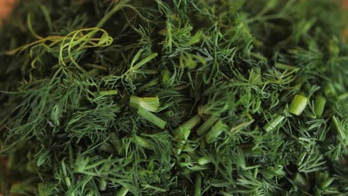 Cutting Dill Chef Cut Dill with Knife on a Wooden Board Close Up at Home