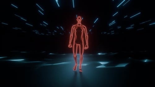 Neon Digital Human Figure Walking in Futuristic Cyber World in Seamless Loop.