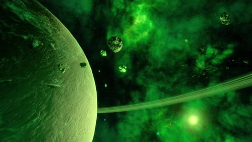 Planète verte avec des anneaux dans l'espace