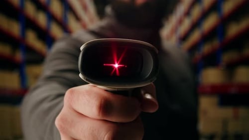 Scanner Scan Delivery Box in Storage Ecommerce Shop Man Packing Goods and Clothes Second Hand