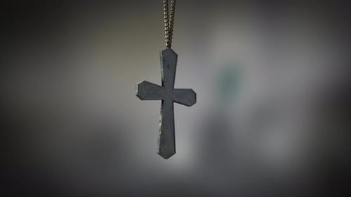 High quality close up render of a plain tarnished pewter Christian Crucifix artifact swinging slowly