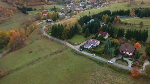Cars Driving on Country Road Through Colorful Autumn Landscape