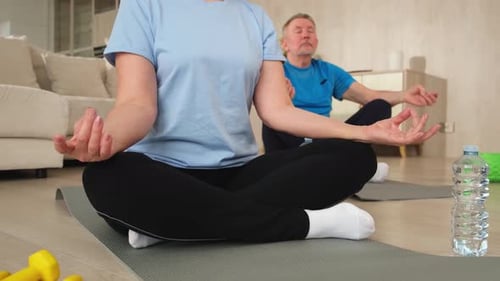 Adult Couple Meditating Together in Living Room