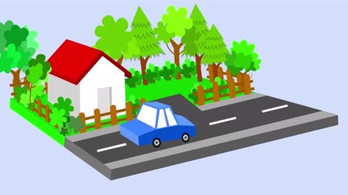 Animación minimalista de coche en la carretera con casa sobre fondo blanco