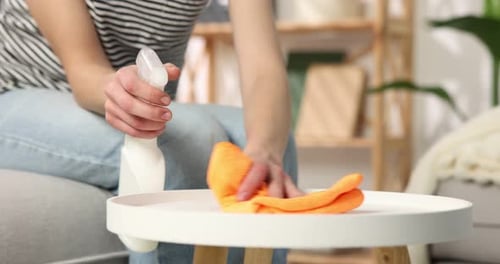 Woman Cleaning White Table in Living Room