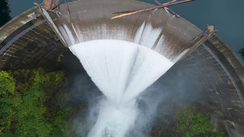Aerial view of a dam with water flowing, United States.