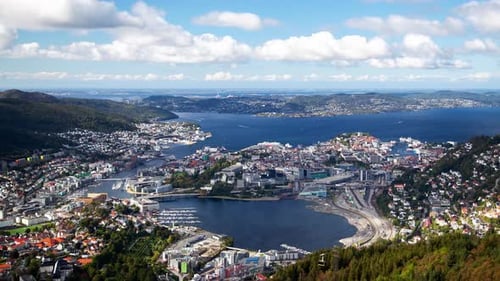 Bergen Norway Timelapse Aerial View of Bay and Yachts on Sunny Day