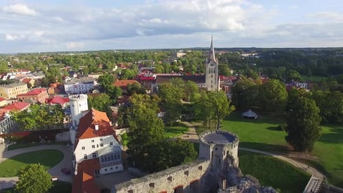 Partially Collapsed Cesis Medieval Castle, City Center and Church