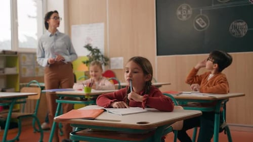 Caucasian Woman Teacher Female Tutor Teaching Kids Children Pupils in Class Back to School Concept