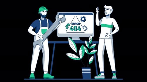 Flat Design Animation of IT Support Fixing 404 Error