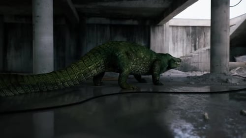 Crocodile explorant un environnement urbain sous une structure en béton