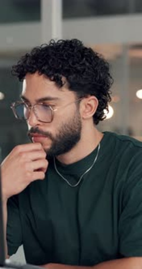 Night, thinking and man in office, tech and deadline for submission, magazine website