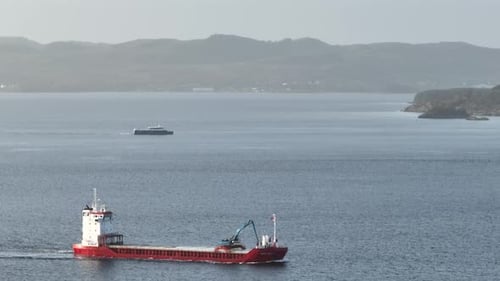 Aerial view of freighter carrying equipment on norwegian waters