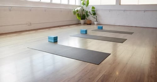 Fitness, start and mat in gym on floor, preparation and equipment for body wellness class