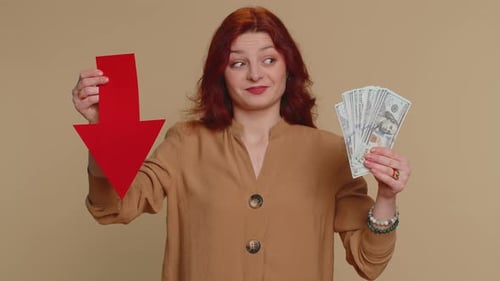 Upset Woman Showing Red Arrow Pointing Down Concept of Downgrade Bankruptcy Money Dollar Fail Fall