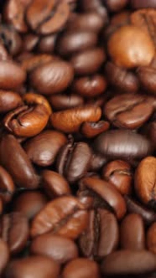 Kaffeebohnen beim Mahlen in der Kaffeemaschine schütteln, Herstellungsprozess, Nahaufnahme, vertikal