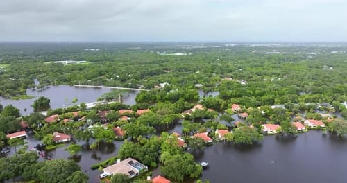 Aerial View of Flooded Homes in Suburban Neighborhood