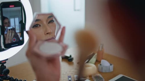 Influencer Woman Applying Makeup Looking Mirror at House Closeup Blogger Visage
