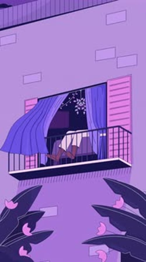 Flat Design Animated Person on Balcony at Night