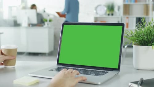 Close-up of a Man's Hands Working on Green Screen on a Laptop. In Background Blurred and Brightly L