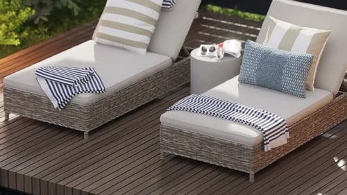 Exterior design details, close-up shot, two sun loungers by the pool.