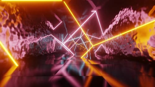 Metal tunnel with neon cubes and tiled floor. Looped animation