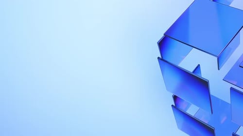 Un cube translucide minimaliste bleu de blocs de verre tourne sur fond bleu clair, animation de rendu 3D
