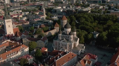 Aerial footage of old town Tallinn in Estonia
