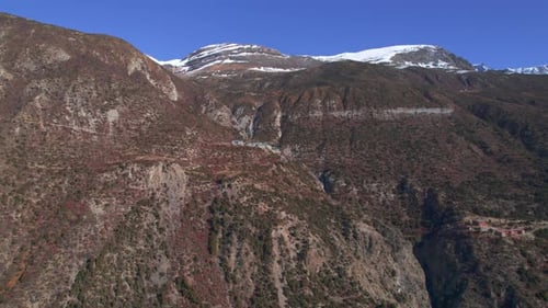 Aerial Panoramic Approaching View Guesthouse Buildings Complex in Himalayan Mountains Hilltop