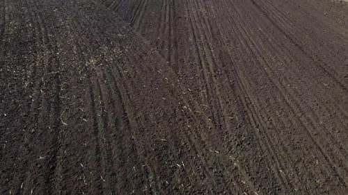Flight Over a Plowed Field of Black Soil on a Sunny Day A Dug Up Field of Earth