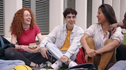 Group Laughing Students Gathered Together Outdoors Multiracial College Classmates Enjoy Recreation