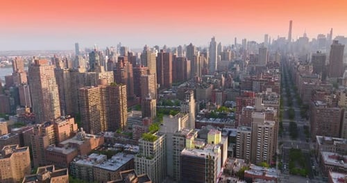 Densely built Manhattan area in New York. Beautiful buildings of diverse height and design