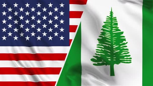 USA and Norfolk Island Flags Waving in Diagonal Split
