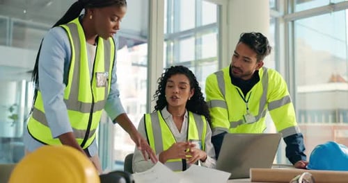 Architecture, meeting and people on laptop with blueprint, design and floorplan for building