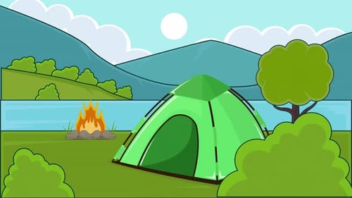 camping scene with a green tent landscaped cartoon animation backgrounds video