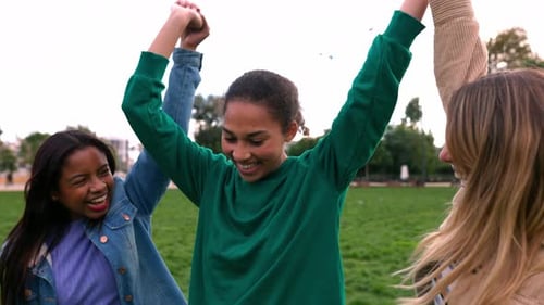 Três amigas multirraciais comemorando juntas de mãos dadas ao ar livre