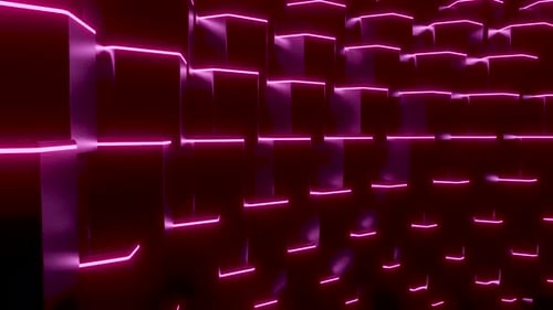 Rows of squares with neon lines are moving in stream