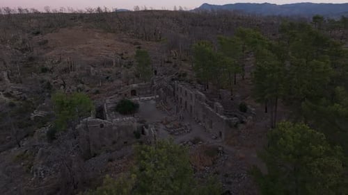 Aerial view of ancient city ruins at sunrise, Turkey.